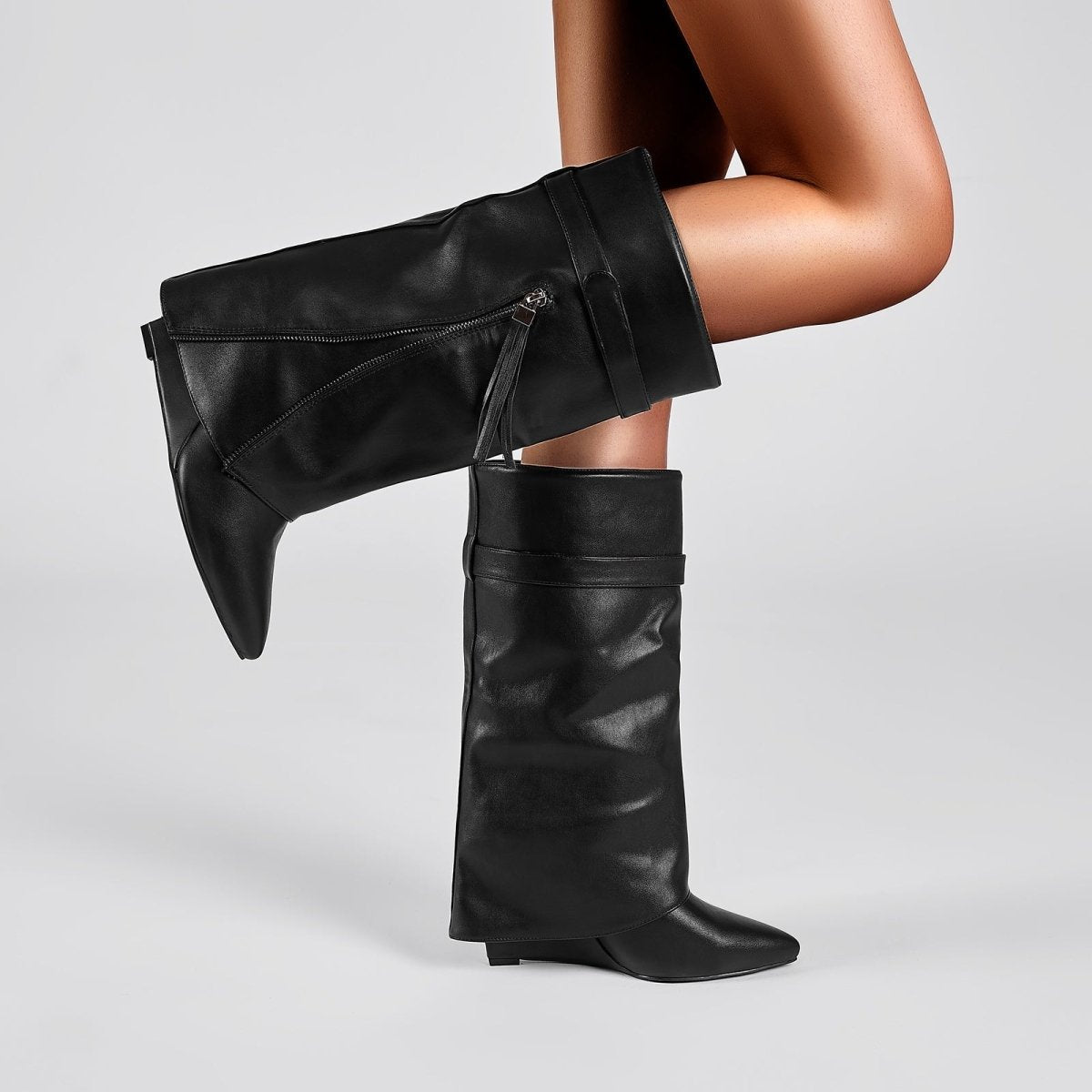 Leather Foldover Slouchy Knee High Boots